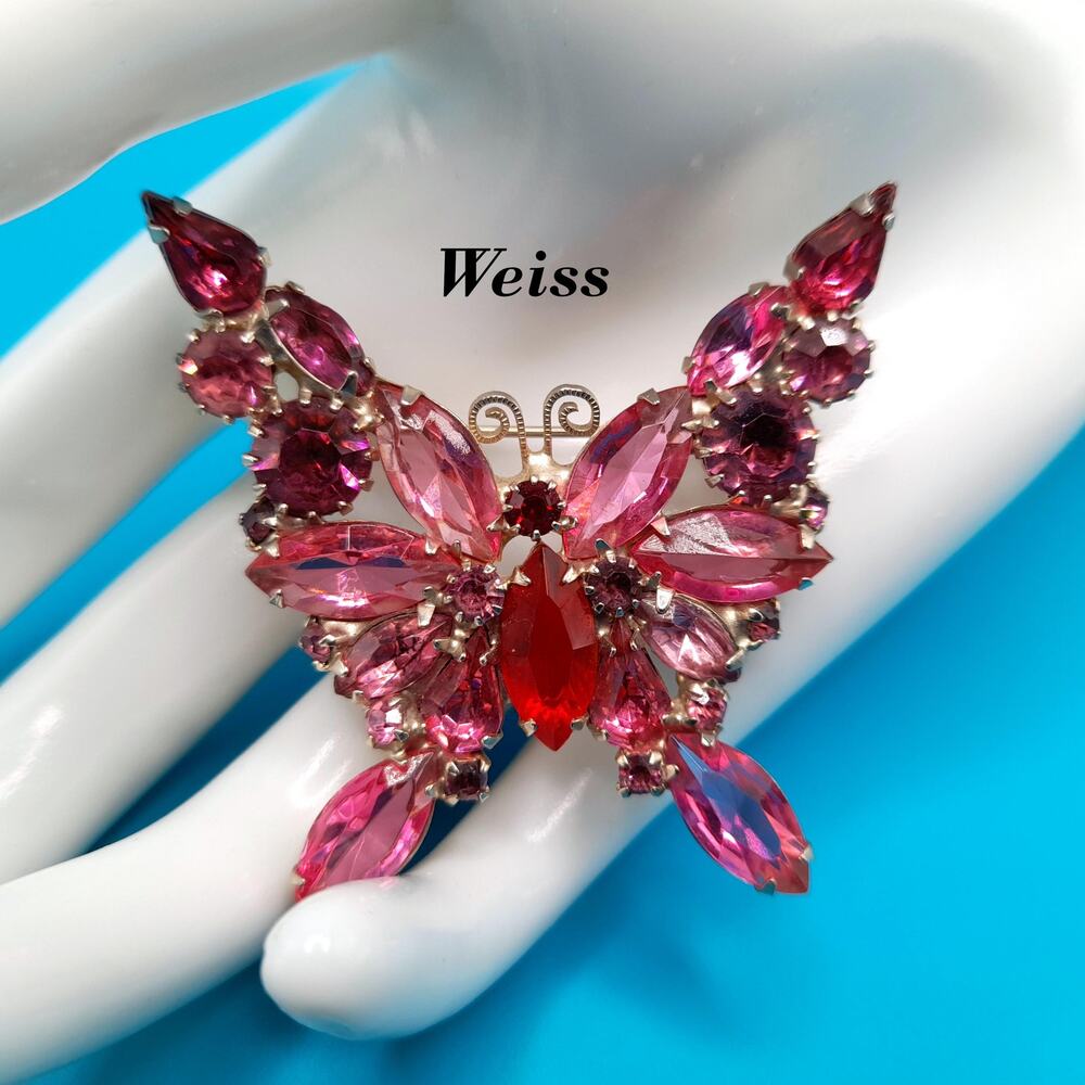 Vintage Weiss Butterfly Brooch, Pink Red Rhinestones, Gold Plated, 1950s Jewelry